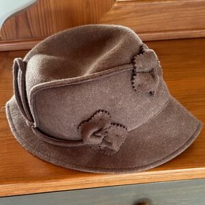 Brown 100% wool Felt Cloche Hat with Floral Accents made by Da-Me in Italy
